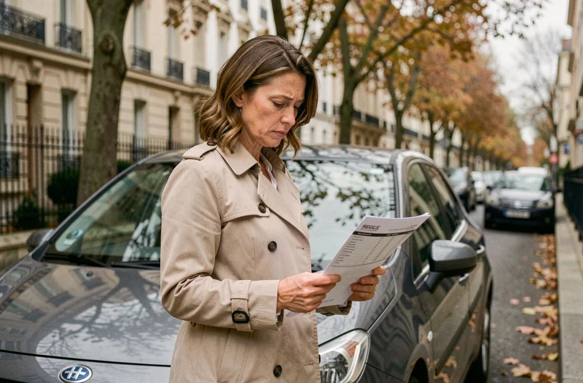 Femme étudiant le dossier d'un véhicule diesel Crit'Air 2 d'occasion dans une rue résidentielle française