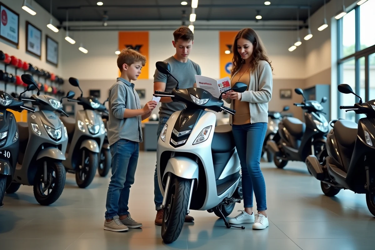 Mère et adolescent en concession moto examinant une 50cc avec étiquette de prix, entourés de scooters exposés dans un showroom