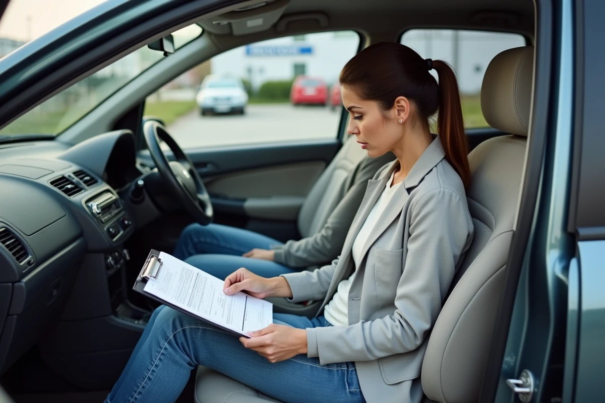 Acheteuse examinant le rapport de contrôle technique d'une voiture diesel d'occasion chez un concessionnaire