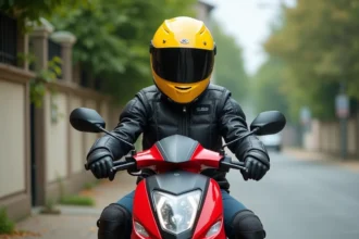 Jeune adolescent de 14 ans équipé d'un casque intégral jaune et d'une veste de moto noire sur une 50cc rouge garée dans une rue résidentielle