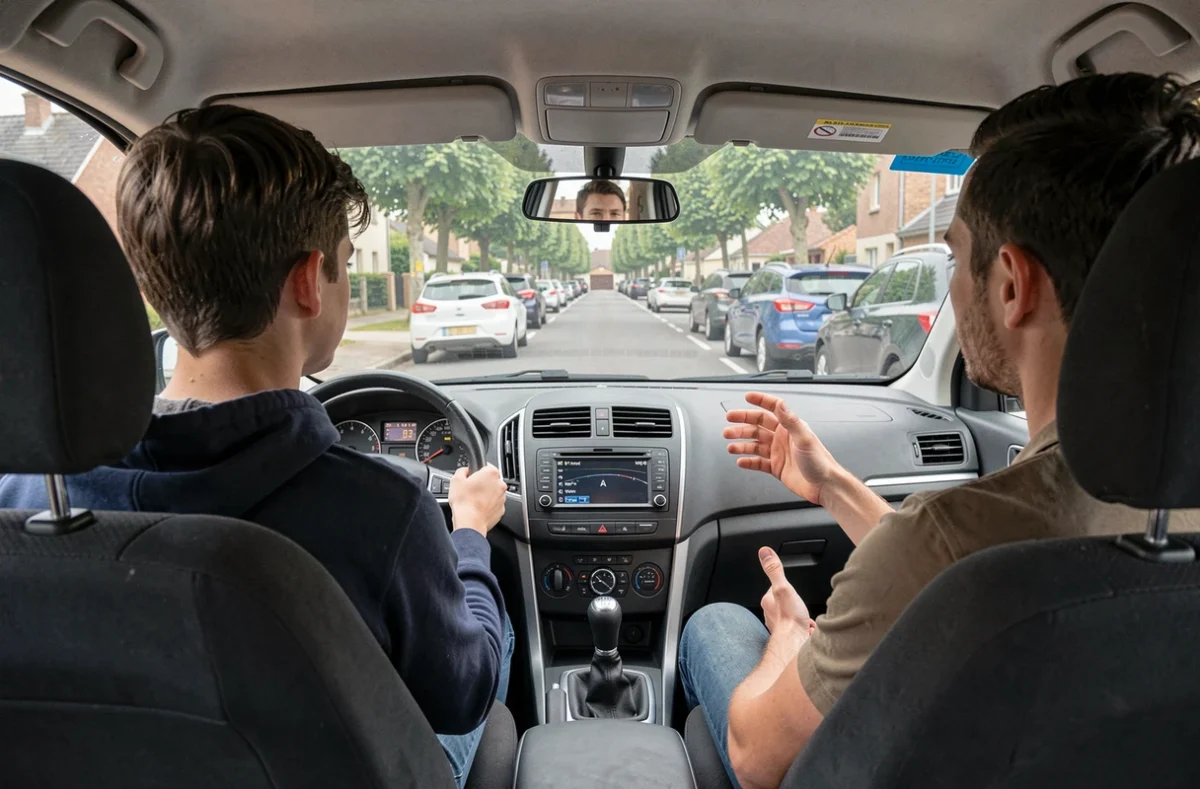 Adolescent en formation BSR dans une voiture école pour obtenir le droit de conduire sans permis
