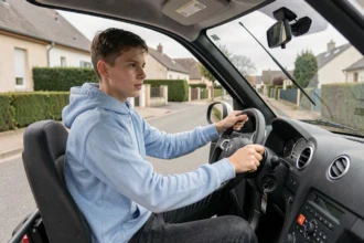 Adolescent de 15 ans au volant d'une voiture sans permis dans une rue résidentielle française