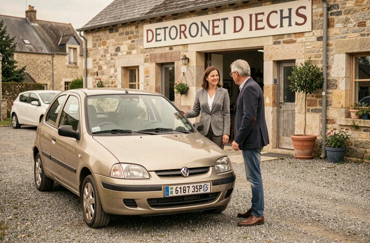 Commerciale d'AG Automobiles présentant un véhicule d'occasion à un client sur le parking de la concession à Bécon-les-Granits