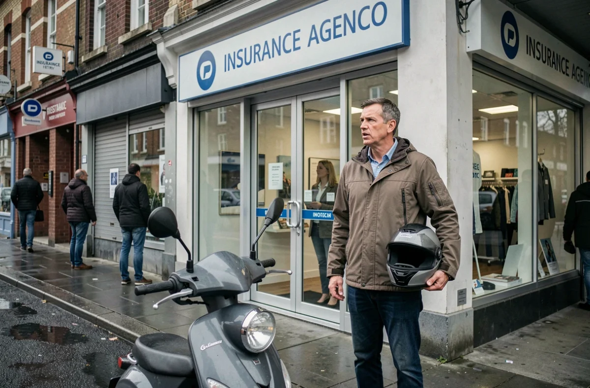 Homme devant une agence d'assurance avec son scooter après une suspension de permis