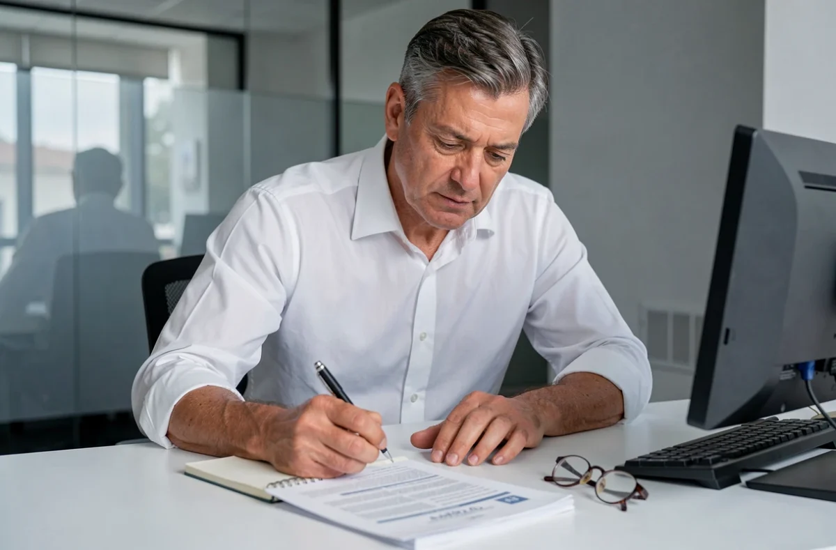 Agent d'assurance auto vérifiant les garanties d'un contrat dans un bureau professionnel
