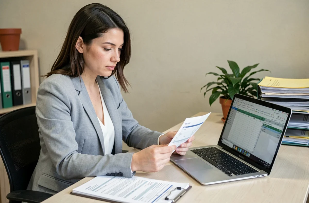 Employée administrative analysant une fiche de paie et un relevé kilométrique lié à une mission de voiture radar privée