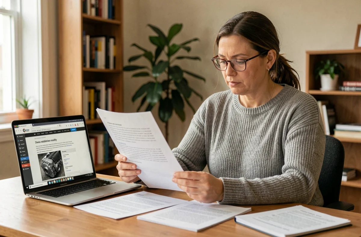 Femme analysant des retours de forums sur la fiabilité du moteur 2.0 BiTDI à son bureau à domicile