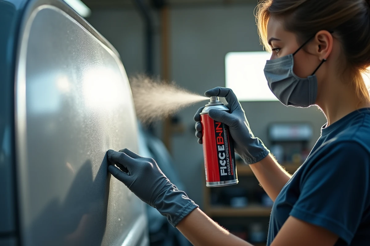 Femme appliquant une bombe de peinture carrosserie sur une portière de voiture dans un garage