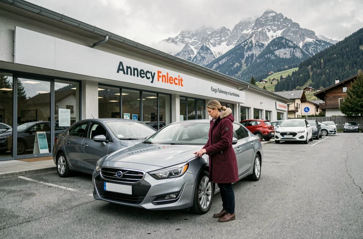 Cliente inspectant un véhicule d'occasion sur le parvis d'Aravis Automobiles à Annecy