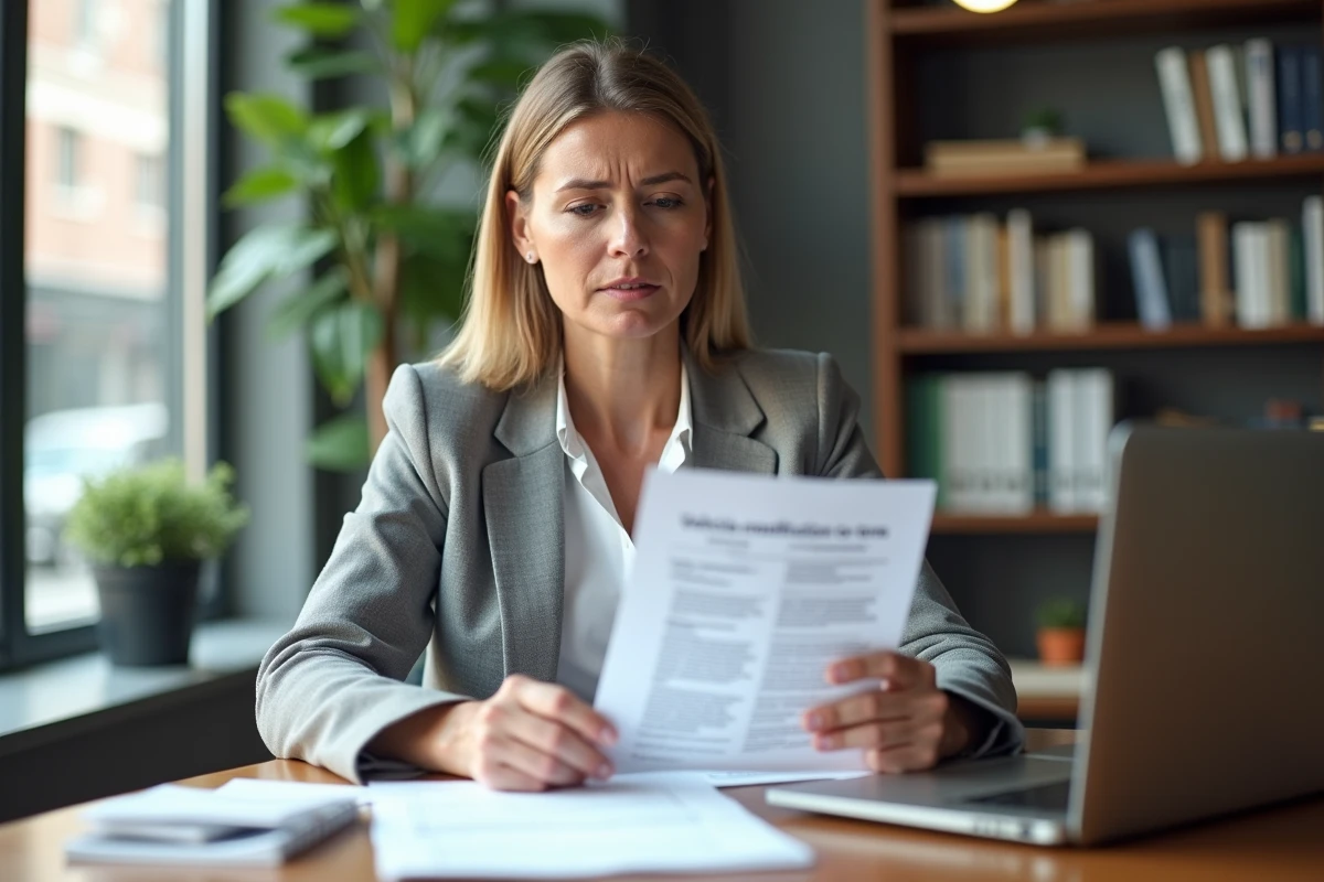 Femme d'affaires consultant un contrat d'assurance automobile concernant les modifications et la reprogrammation de véhicule