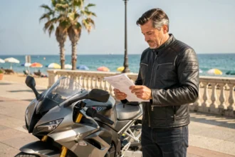 Motard consultant son contrat d'assurance moto sur la Promenade des Anglais à Nice avec la mer Méditerranée en arrière-plan