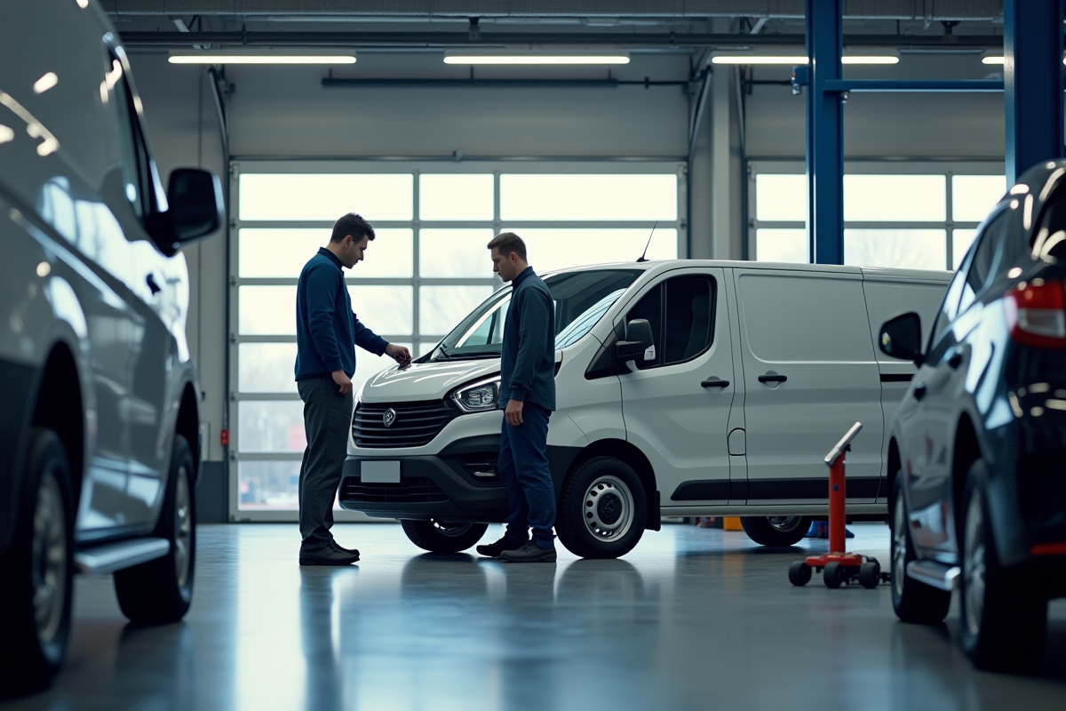 Mecanicien dans un garage moderne inspectant un utilitaire