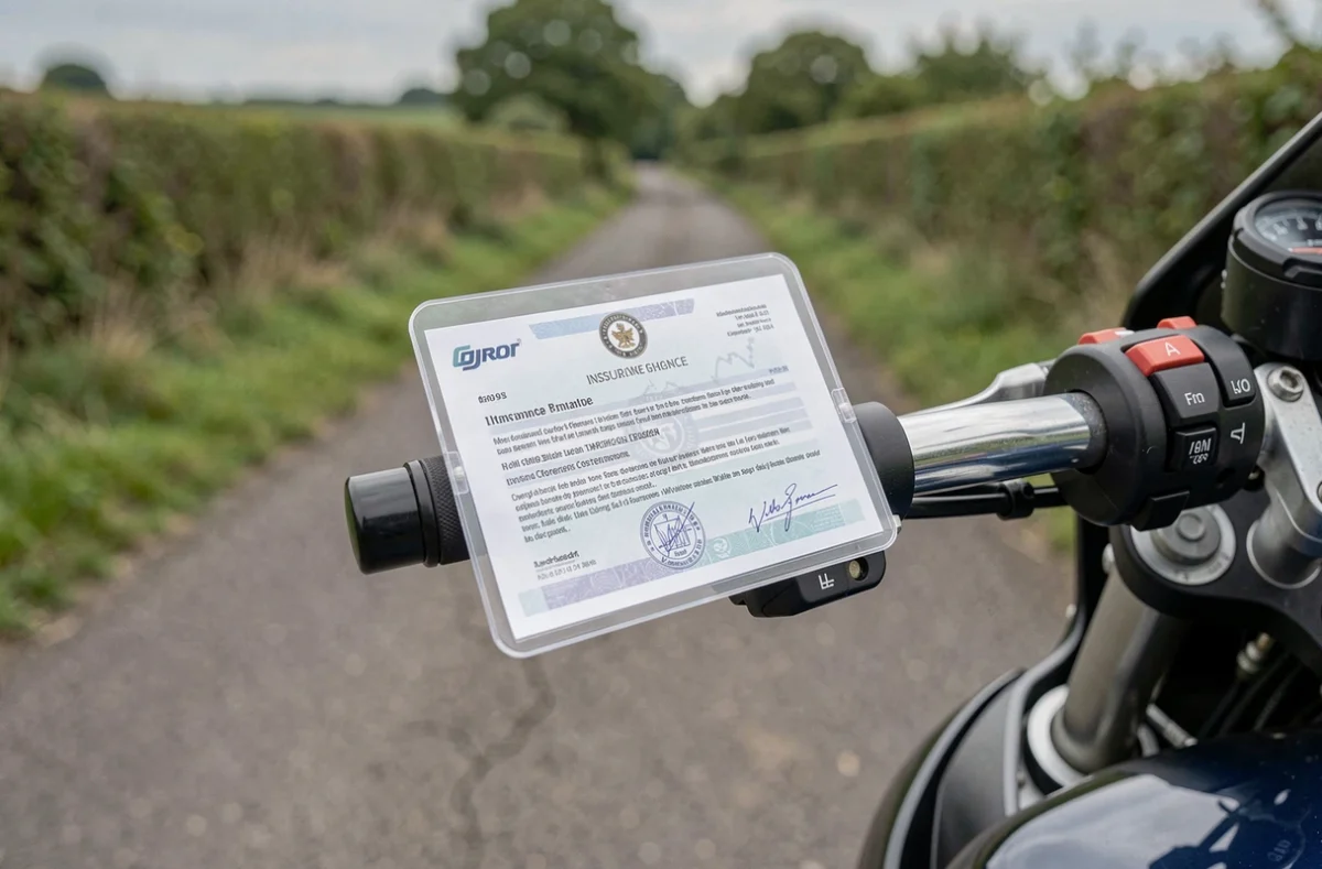 Porte-documents transparent fixé sur le guidon d'une moto contenant l'attestation d'assurance