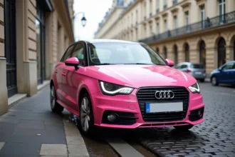 Audi A1 rose métallisé garée dans une rue parisienne pavée, vue 3/4 avant avec façades haussmanniennes en arrière-plan