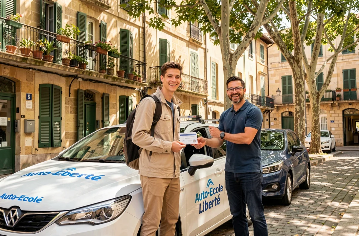 Jeune homme souriant tenant son permis de conduire devant un véhicule de l'Auto-Ecole Liberté dans une rue ensoleillée de Toulouse