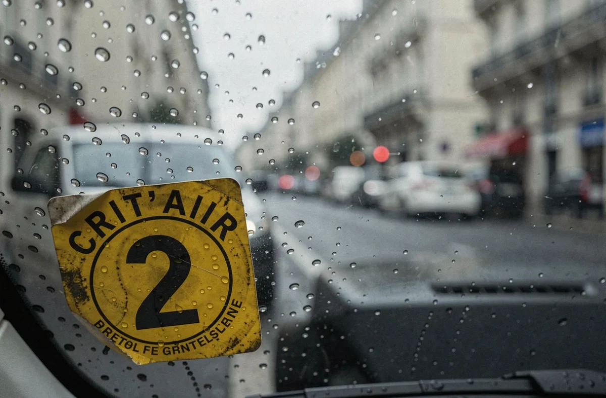 Gros plan sur un autocollant Crit'Air 2 jaune collé sur le pare-brise d'un diesel sous la pluie en ville