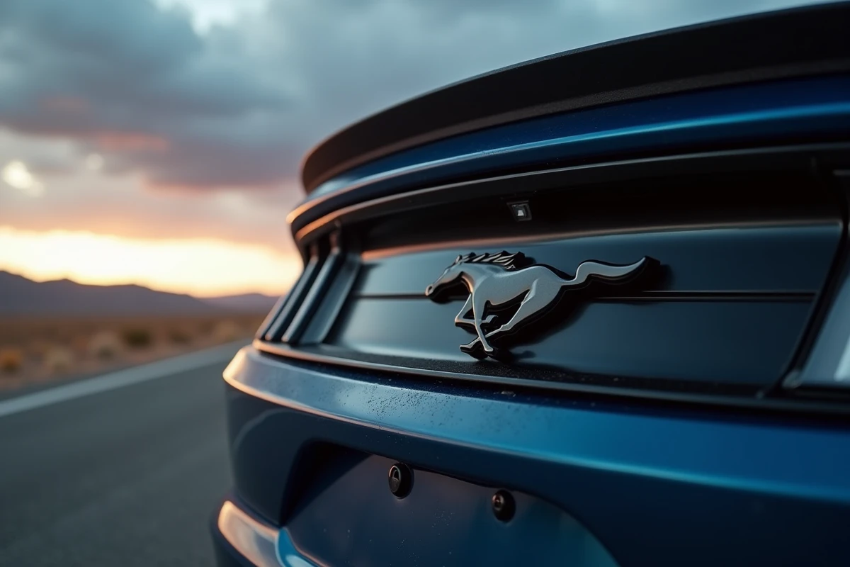 Badge cheval Ford Mustang Mach-E en noir mat sur carrosserie bleue dans un paysage de désert américain au crépuscule