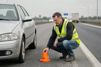 Automobiliste plaçant une balise d'urgence V16 orange sur le bord d'une autoroute européenne à côté d'une voiture en panne