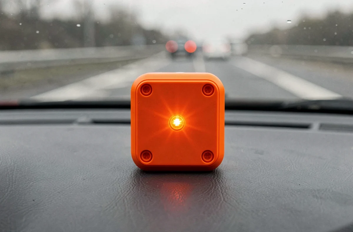 Balise d'urgence V16 orange posée sur le tableau de bord d'une voiture avec autoroute floue en arrière-plan
