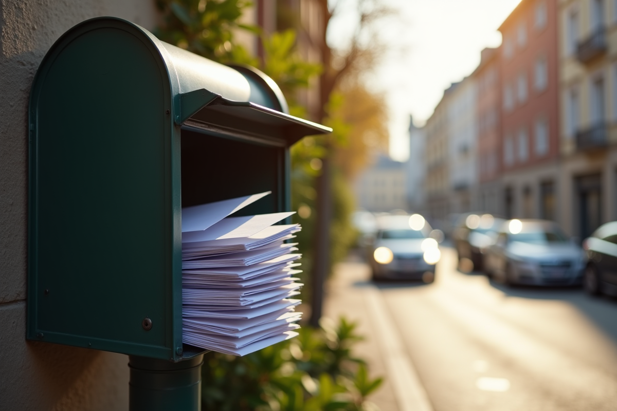 Boite aux lettres avec lettres officielles dans une rue ensoleillee