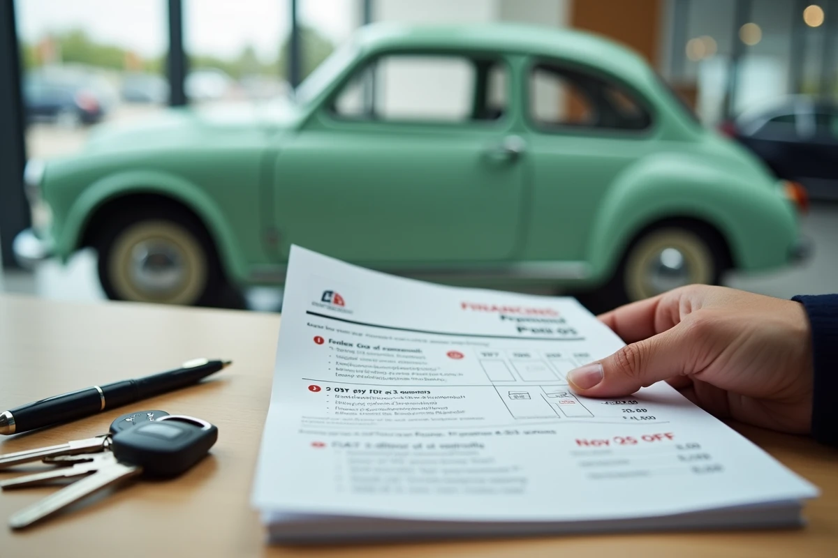 Brochure de financement Fiat Topolino avec tableau de mensualités posée sur un bureau de concession automobile