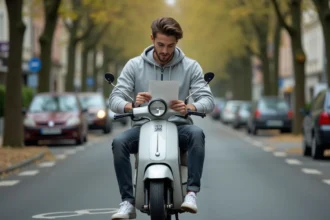 Jeune homme consultant son brevet de sécurité routière assis sur un scooter 50cc dans une rue résidentielle française