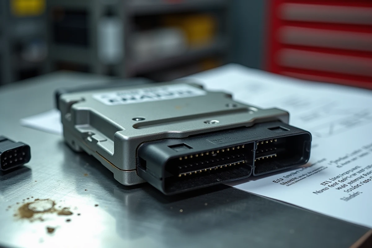 Gros plan d'un calculateur moteur ECU et d'un rapport de reprogrammation posés sur un établi d'atelier automobile