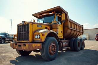 Camion benne d'occasion stationne en plein jour avec textures visibles