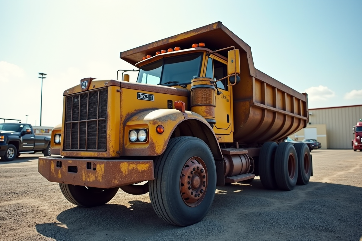 Camion benne d'occasion stationne en plein jour avec textures visibles