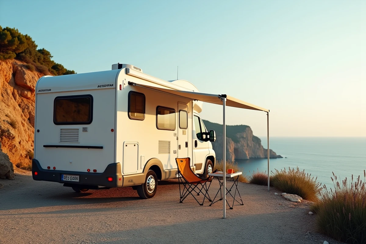 Camping car occasion Autostar stationné sur une falaise méditerranéenne avec vue sur la mer lors d'un long voyage en Europe