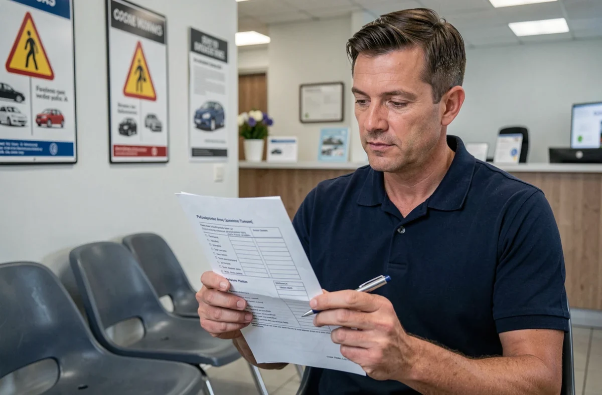 Candidat au permis de conduire révisant un questionnaire PDF imprimé dans une auto-école en 2026