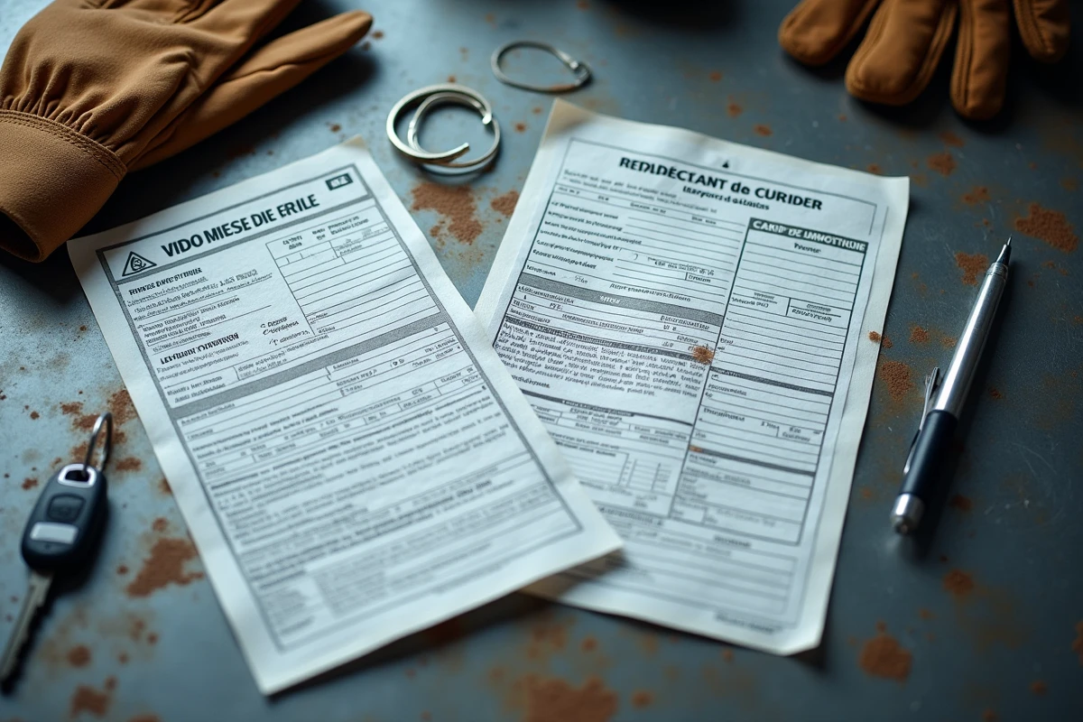 Carte grise et certificat de cession posés sur un établi de garage pour une procédure de vente à la casse