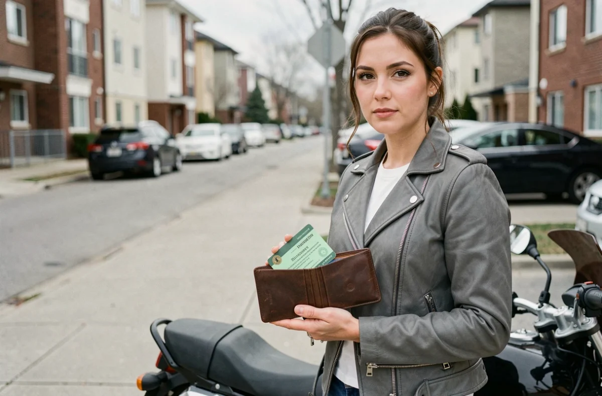 Femme présentant sa carte verte d'assurance moto debout près de sa moto en ville