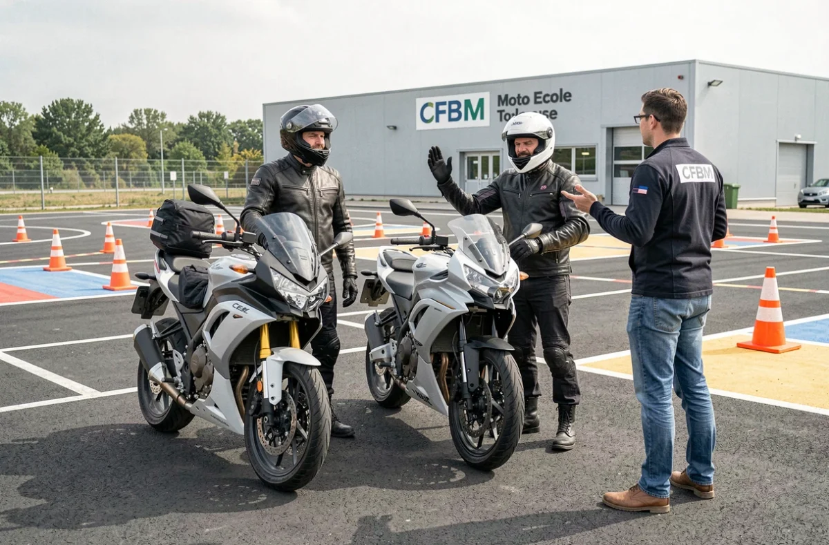 Deux élèves en tenue de protection écoutant un moniteur de la CFBM Moto Ecole Toulouse sur une aire d'entraînement moto avec cônes orange