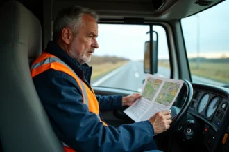 Chauffeur de poids lourd consultant une réglementation de circulation en cabine de camion
