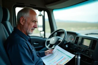 Chauffeur routier consultant un tableau des temps de conduite et de repos dans la cabine de son camion