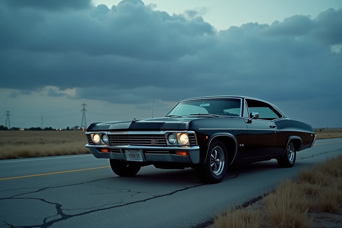 Chevrolet Impala 1967 noire grandeur nature restaurée garée sur une route américaine déserte sous un ciel nuageux