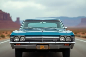 Chevrolet Impala 1967 bleu nuit garée sur une route américaine désertique, vue trois quarts avant basse