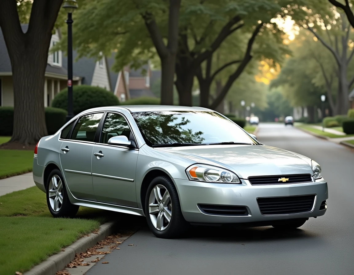 Chevrolet Impala 2006 argentée garée dans un quartier résidentiel américain, vue trois quarts côté conducteur