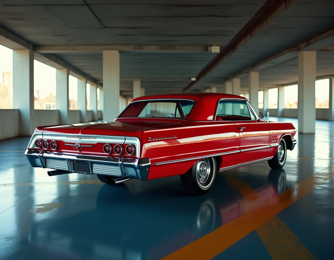 Chevrolet Impala SS 1964 rouge cerise vue de l'arrière trois quarts dans un parking urbain en béton