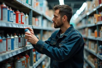 Technicien automobile choisissant une bombe de peinture carrosserie dans un magasin de pièces auto