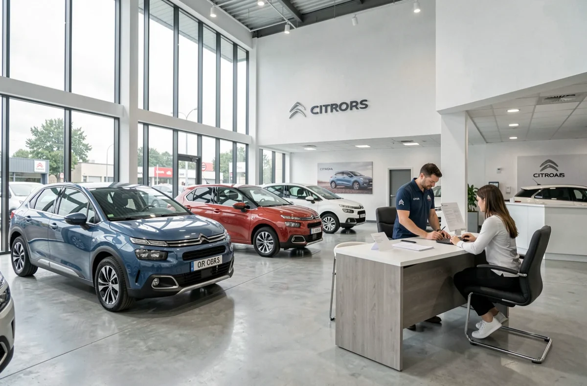 Showroom intérieur de la concession Citroën Gemy Angers avec des véhicules d'occasion exposés et un conseiller commercial avec un client