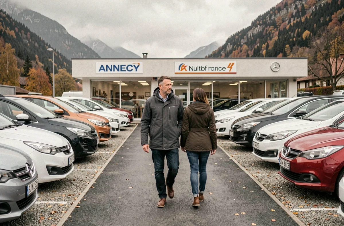 Vendeur accompagnant des clients parmi les véhicules d'occasion chez CJ Automobiles à Annecy