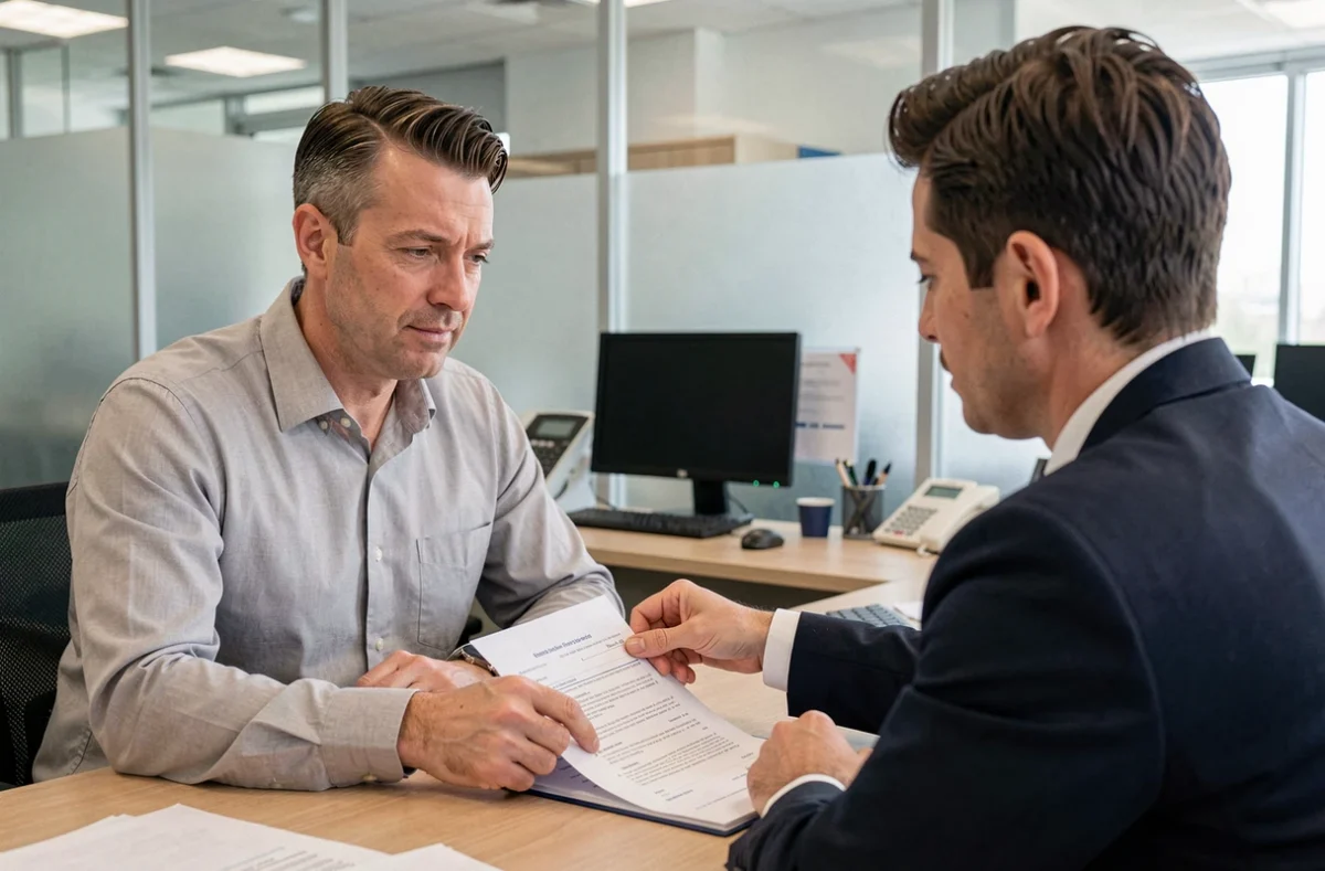 Client discutant de son changement d'assurance auto avec un conseiller dans une agence professionnelle