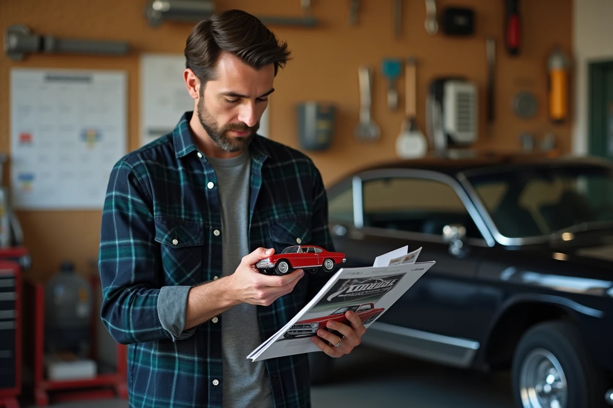 Collectionneur comparant une miniature die-cast Impala et une brochure de restauration automobile dans un garage