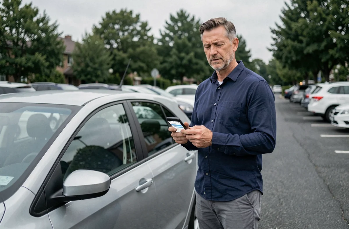 Homme comparant des offres d'assurance auto rapide sur smartphone devant sa voiture