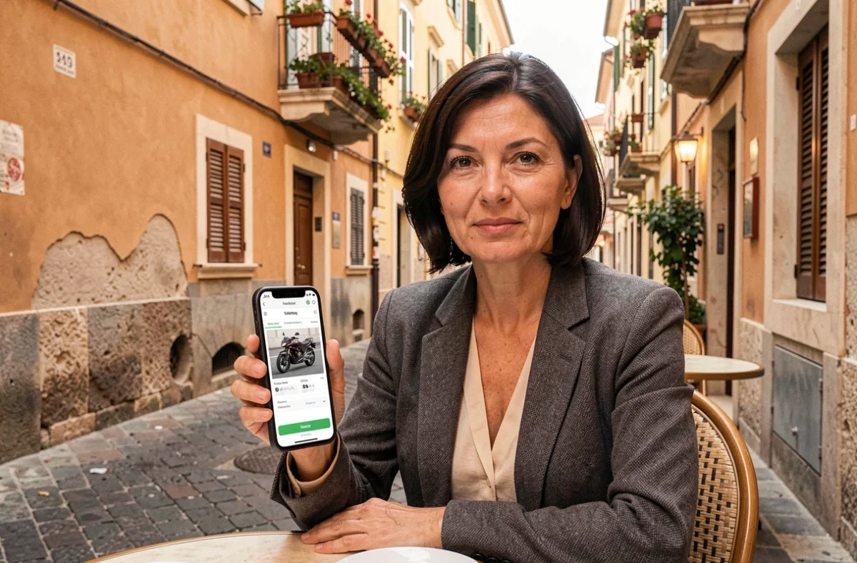 Femme comparant des offres d'assurance moto sur son téléphone dans un café du Vieux-Nice