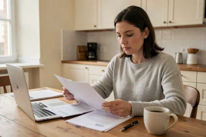 Femme comparant deux contrats d'assurance voiture à la maison pour changer d'assureur