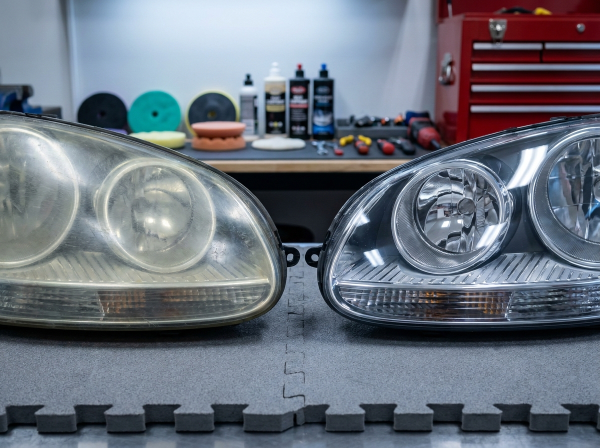 Comparaison avant-après de deux phares de Golf, l'un jauni et oxydé, l'autre restauré et transparent, posés sur un établi de garage