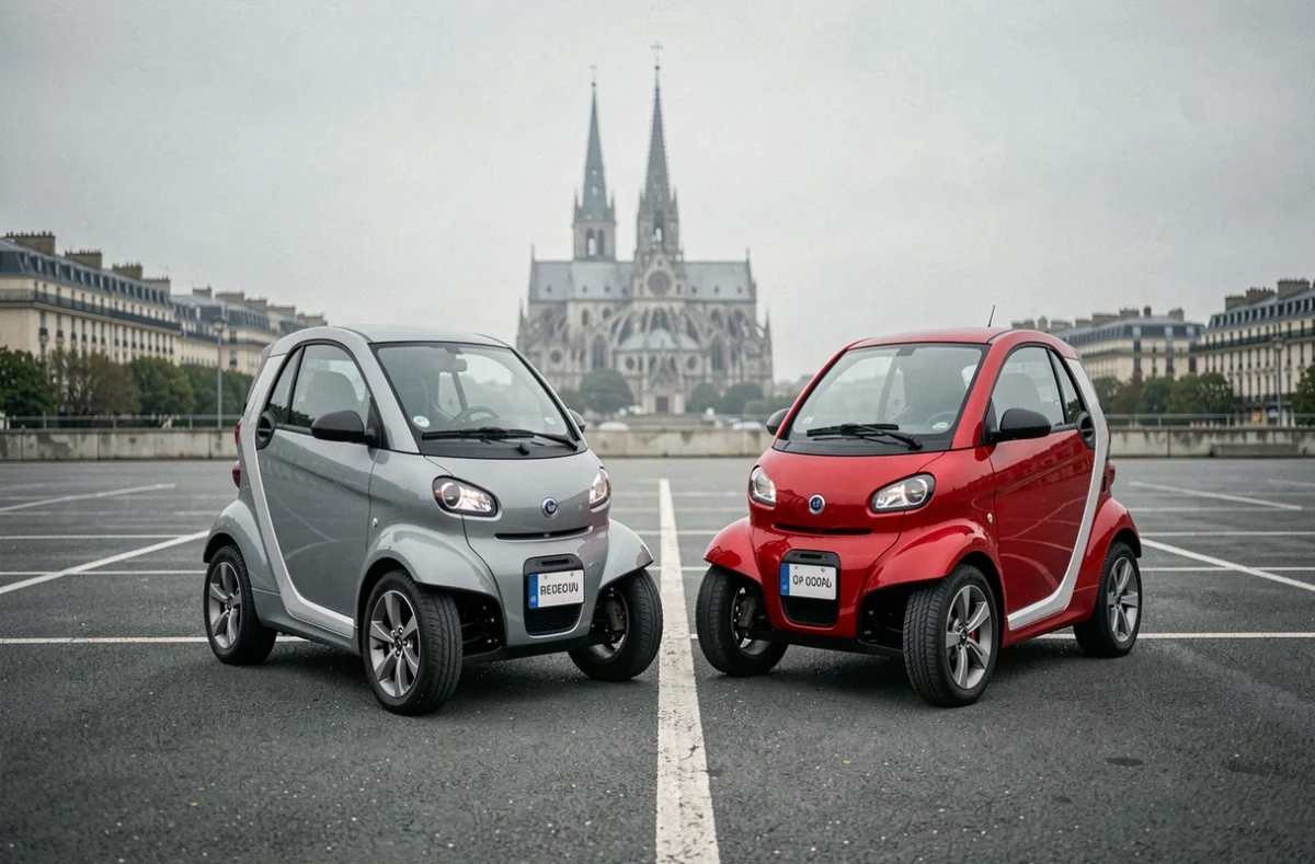 Deux voitures sans permis électriques grise et rouge côte à côte dans un parking de Reims avec la cathédrale en arrière-plan flou